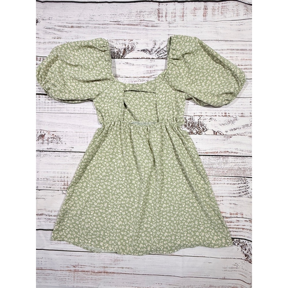 Altar'd State Sage Green Floral Puff Sleeve Cut Out Mini Dress Womens Medium